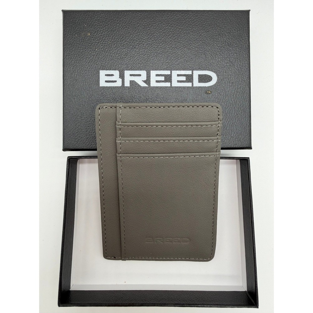 Breed Slim Card Case Wallet Grey Faux Leather ID Window Minimalist New‎ 0103